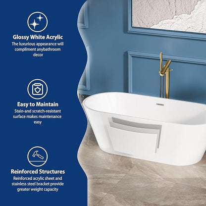 Sarlai 67 Inch Acrylic Freestanding Soaking Bathtub Contemporary Soaking White Tub Stand Alone Ergonomic Bathtub with Black Drain