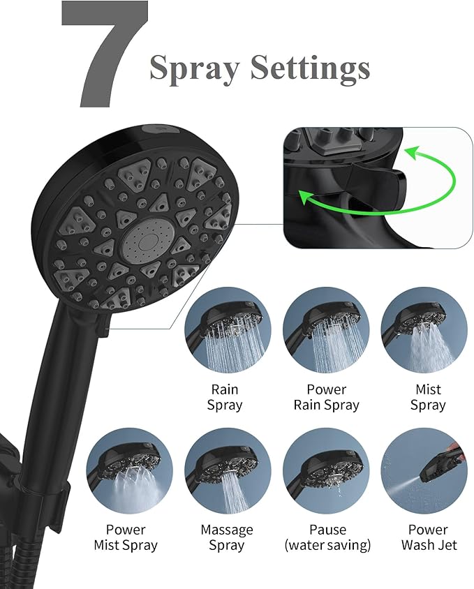 Shower Head With Handheld High Pressure 7 modes, Built-in Power Wash to Clear Tub, Tile, 5" High Powerful Hand Held Rain Showerhead with Stainless Steel Hose and Adjustable Bracket (Matte Black)