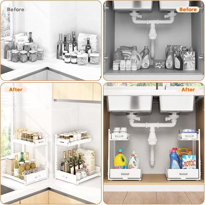 Under Sink Organizer,2 Tier Slide Out Kitchen Cabinet Organizers with Pulley,Under Bathroom Sink Pull Out Organizer with Multiple Height Adjustments for Kitchen and Bathroom Cabinets-White
