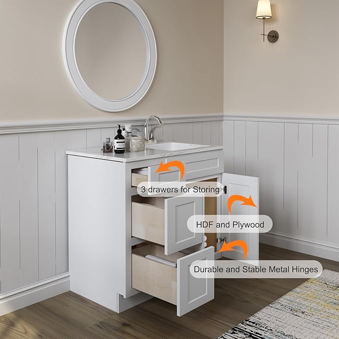ROOMTEC Bathroom Cabinet, 36'' Free Standing Bathroom Vanity with 3 Left Drawers and 1 Door,Soft-Close Drawer Slides Morden Bathroom Sink Vanity Storage Cabinet, Shaker White