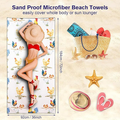 Country Rooster Pattern Beach Towel 36"x72" Quick-Dry Sand-Free Soft Microfiber