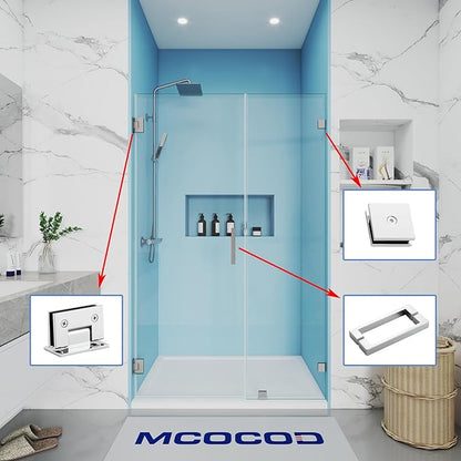 Shower Door Hardware Kit for Frameless Inline Hinged Doors, Includes Hinges, Square Pull Handles and Clamps, for 5/16"–3/8" Glass, Suitable for Bathtub or Standing Shower Setup, Chrome