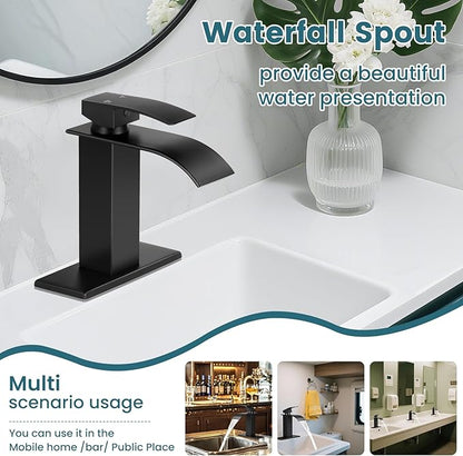 Bathroom Faucets Matte Black Waterfall Bathroom Sink Faucet Modern Single Handle Bathroom Faucet for 1 or 3 Hole Mxier Tap Washbasin Faucet with Deck, Pop-up Drain and Supply Hoses