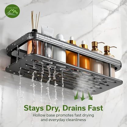 Shower Caddy Adhesive 2Pack with Hooks and Rod for Towels Black-Premium Bathroom Shower Shelves Shampoo Organizer Rack Storage Bathtub Shelf Rustproof Easy Installation Sturdy Build Sleek Modern Look