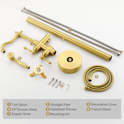 Freestanding Tub Faucet Sets, JetsBath Floor Mount BathTub Filler with 360° Swivel Spout & Handheld Sprayer, Brushed Gold Floor Mount Bathtub Faucet Single Handle with Supply Hose