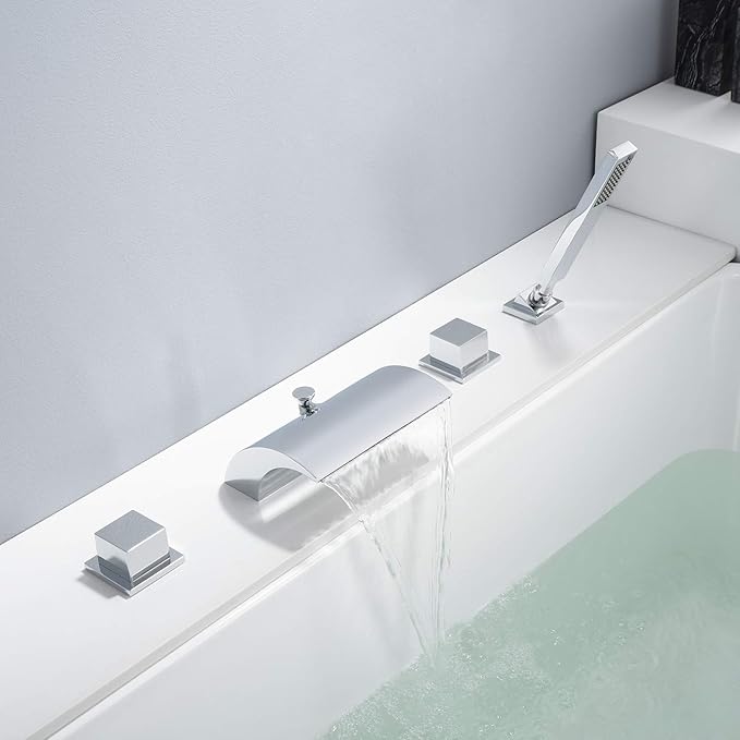 sumerain Four Hole Roman Tub Faucet with Hand Shower and Waterfall Spout Chrome Finish High Flow