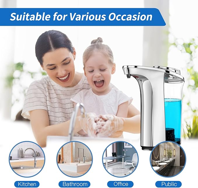 Automatic Soap Dispenser, Touchless Sensor Hand Soap Dispenser 17oz/500ml Silver, Adjustable 5 Dispensing, Refillable Reservoir, Battery Powered for Kitchen & Bathroom