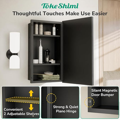 TokeShimi 24x36 Recessed Medicine Cabinet with Mirror Wall Mounted, Aluminum Alloy Black Mirrored Medicine Cabinet, Metal Beveled Mirror with Storage for Bathroom Vanity