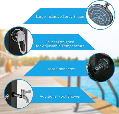 Outdoor Pool Shower Solar Heated, 9.3 Gallon Garden Pool Shower w/ 360° Swivel Shower Head and Foot Shower Tap, for Outdoor Backyard Poolside Beach Pool Spa