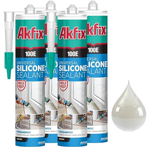 Akfix 100E RTV Clear Silicone Caulk (4x10.1 fl.oz.) - 100% Waterproof Silicone Sealant for Kitchen and Bathroom, Shower, Toilet, Sink, Window and Door, No Yellowing | Clear, 4 Pack