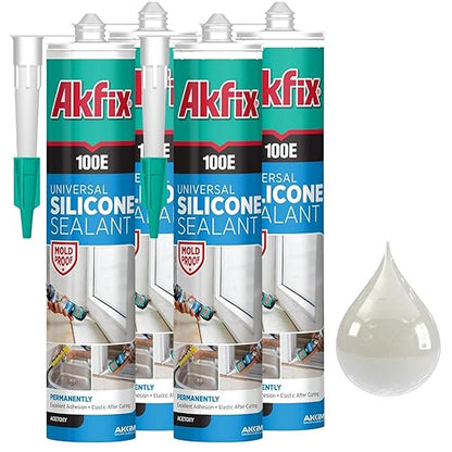 Akfix 100E RTV Clear Silicone Caulk (4x10.1 fl.oz.) - 100% Waterproof Silicone Sealant for Kitchen and Bathroom, Shower, Toilet, Sink, Window and Door, No Yellowing | Clear, 4 Pack