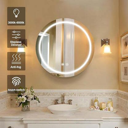 30 inch Round Medicine Cabinet with Lights,Led Medicine Cabinet with Defogger,Illuminated Mirror Cabinet for Bathroom,Dimmable,Defogger,3 Color Temperature 3000k-6500k White
