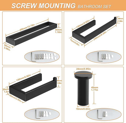 SAYAYO 7-Piece Bathroom Hardware Set Black, Includes 16 Inch Towel Bar, Towel Ring, Toilet Paper Holder & 4Pcs Coat Hooks Wall Mount, Towel Racks for Bathroom Accessories Set SUS304 Stainless Steel