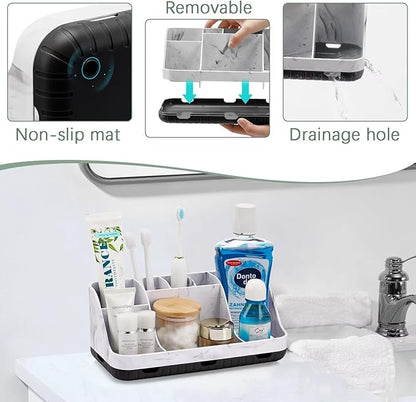Marble Bathroom Countertop Organizer - Detachable 7 Slots Kids Electric Toothbrush and Toothpaste Holde Drainage for Bathroom Accessories Organization Counter Vanity Storage, Black