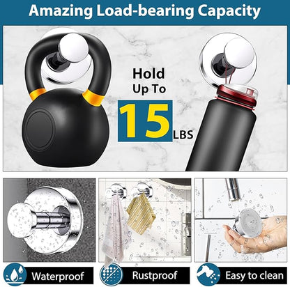 Suction Cup Hooks for Shower, Bathrooms Wall, Glass Door, Mirror, Kitchen–Towel, Robes, Coat, Hanging up to 15 lbs No-Drill Suction Hooks–Waterproof & Rustproof (Chrome, 2 PCS)