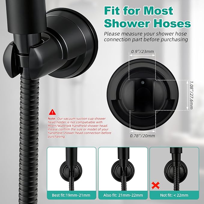Hibbent Vacuum Suction Cup Shower Head Holder, Removable Showerhead Bracket, Height Adjustable Shower Wand Holder & Wall Mount ABS Plastic Suction Holder for Handheld Shower Head, Matte Black
