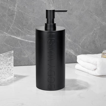 Matte Black Body Wash Dispenser Luxurious Refillable Pump Bottle with Embossed Text, Durable Construction for Bathroom and Shower