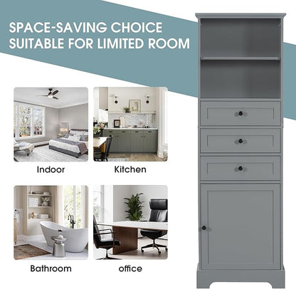 Favfurish 67" Tall Bathroom Storage Cabinet with Door and 3 Drawers,Modern Linen Cabinets w/Adjustable Shelf & 2-Tier Open Shelves,Freestanding Organizer for Bath Room,Study,Office,Grey