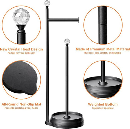 Toilet Paper Holder for Bathroom, Heavy Weighted Metal Free Standing Toilet Paper Holder Stand with Crystal Ball, Toilet Paper Roll Stand for Bathroom Accessories (Matte Black)