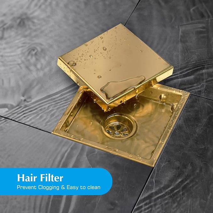 Square Shower Drain, Gold Shower Drain 6 inch with Flange and 2 in 1 Tile-Insert Cover, AISI 304 Stainless Steel Gold Shower Floor Drain with Hair Catcher and Flange