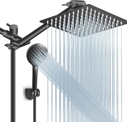 Shower Head Combo, 8 Inch High Pressure Rain with 11 Inch Adjustable Extension Arm and 5 Settings Handheld, Powerful Spray Against Low Water Pressure- Matte Black