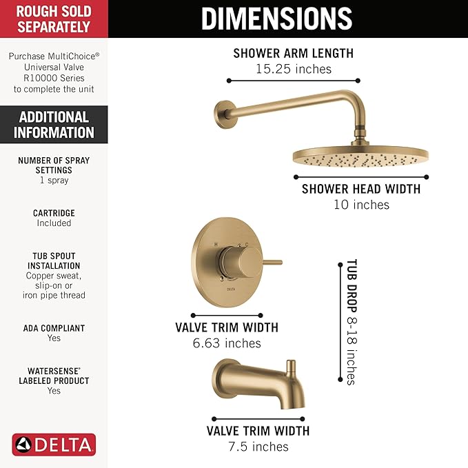 Delta Faucet Modern Raincan Round Single-Function Tub and Shower Trim Kit Gold, Tub Faucet Set, Rainfall Shower Head Gold, Delta Shower Kit, Champagne Bronze T14469-CZ-PP (Valve Not Included)