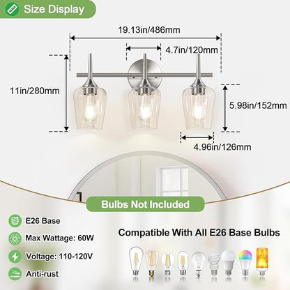 3-Light Bathroom Light Fixtures, 19.5 in Brushed Nickle Vanity Lights for Bathroom with Clear Glass, Bathroom Lighting Fixtures Over Mirror, Modern Wall lamp for Cabinet Hallway