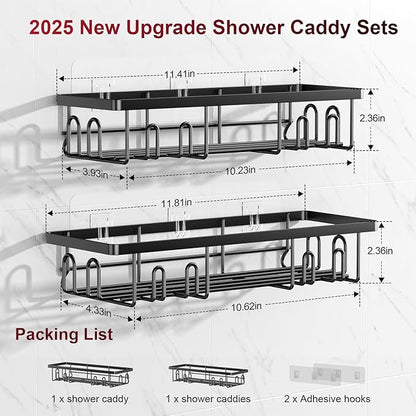 Adhesive Shower Caddy, Shower Shelves with 16 Hooks, Rustproof Shelf Wall Corner Racks for Inside Bath, No Drilling & Sleek Bathroom Organizers and Storage Caddies Soap Holder, 2 Pack