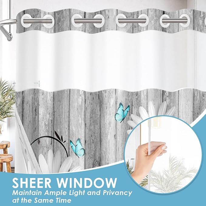 No Hook Flower Daisy Shower Curtain with Snap in Fabric Liner Set, Gray Wooden Boards Double Layers Waterproof Fabric with See Through Top Window Open Grommet Bath Curtain 54x80 Inch