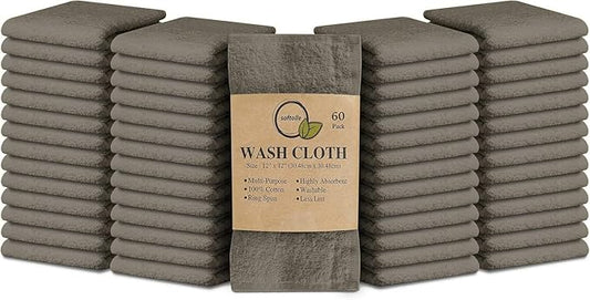 Softolle 100% Cotton Ring Spun Wash Cloths – Bulk Pack of Washcloths – 12x12 Inches – Wash Cloth for Face, Highly Absorbent, Soft and Face Towels (Taupe, 60 Pack)