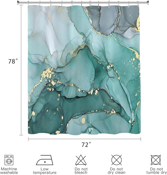 Long Shower Curtain 72 x 78 Inch, Tall Abstract Marble Shower Curtains for Bathroom Decor, Modern Luxury Art Decor Ink Texture Fabric Shower Curtain Set with Hooks, Turquoise