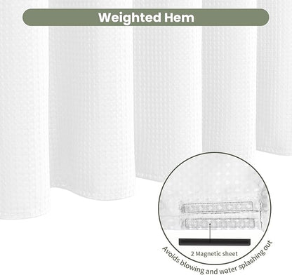 Inhousolu Fabric Shower Curtain Waffle Weave, 230 GSM Heavy Duty, Weighted Hem, 14 Metal Hooks, Water Repellent, Machine Washable, Hotel Spa Luxury Bath Curtain Set, 72 x 78 Inch, White