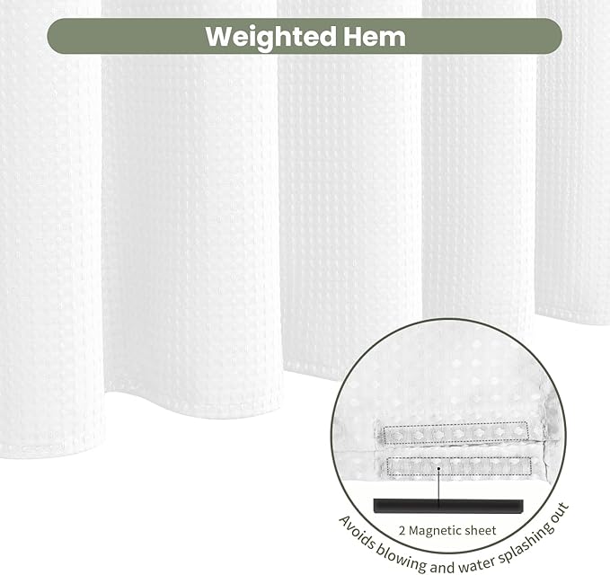 Inhousolu Fabric Shower Curtain Waffle Weave, 230 GSM Heavy Duty, Weighted Hem, 8 Metal Hooks, Water Repellent, Machine Washable, Hotel Spa Luxury Bath Curtain Set, 36 x 72 Inch, White