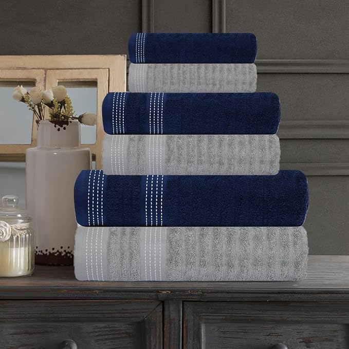 CASA COPENHAGEN Elegance Collection Towels 550 GSM 2 Bath Towel 2 Hand Towel 2 Washcloths, Super Soft Egyptian Cotton 6 Towels Set for Bathroom, Kitchen & Shower - Navy Blue + Grey