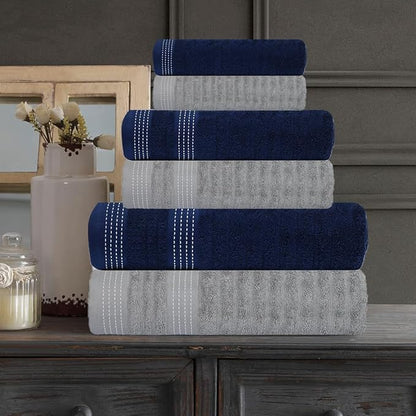 CASA COPENHAGEN Elegance Collection Towels 550 GSM 2 Bath Towel 2 Hand Towel 2 Washcloths, Super Soft Egyptian Cotton 6 Towels Set for Bathroom, Kitchen & Shower - Navy Blue + Grey