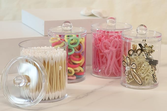 4 Pack Acrylic Qtip Holder Dispenser,Bathroom Canisters Apothecary Jar Set, Vanity Makeup Storage Organizer Set, 10 and 12 oz