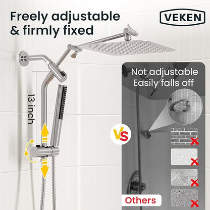 Veken 10" Luxurious All Metal Rain Shower Head with Handheld, High Pressure Rainfall Shower Heads wih Extension Arm, Wide Dual Showerhead with Spray Combo, Bathroom Accessories, Chrome, Silver