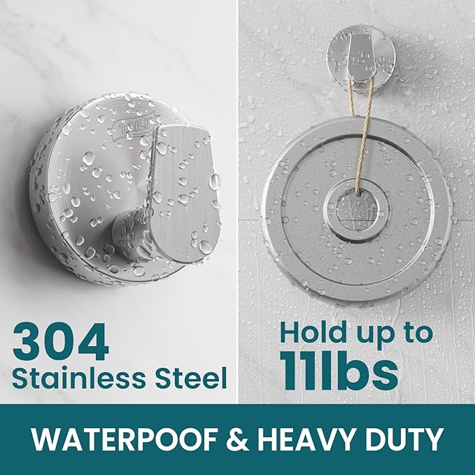TAILI Stylish 304 Stainless Steel Bathroom Suction Hooks for Towel, Bathrobe, Loofah, No Damage Hanging Glass Shower Wall Hook, Patented Strong Suction Cup Holder, Hold Up to 11 Lbs, A-Cylinder Silver