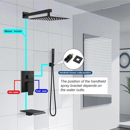 Midanya Rain Shower System with Tub Spout,Tub Shower Faucet Set with rainfall Shower Head and Handheld Spray,Wall Mount Tub Shower Combo Rough-in Valve Included,8 Inch Matte Black