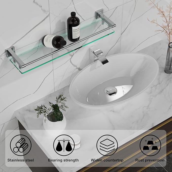 Glass Shelf for Bathroom Wall Sheves 24 inches Rectangular Stainless Steel Tempered Glass Modern Wall Mount Accessories Organizers Storage (Chrome Polished, 24‘’)