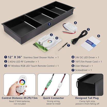 12" X 36" RGB LED Shower Niche No Tile Needed, 304 Stainless Steel Shower Niche Insert Tile Ready, Recessed Wall Shelf for Bathroom Storage Organizer with Remote Control, Matte Black