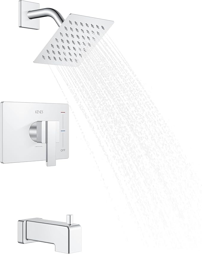 KENES Chrome Tub and Shower Trim Kit, Square Tub Shower Faucet Set Complete with 6-Inch Rainfall Shower Head and Tub Spout, KE-6025A-5 (Shower Valve Included)