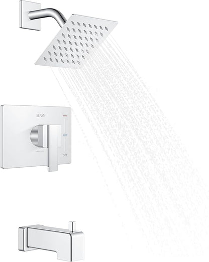 KENES Chrome Tub and Shower Trim Kit, Square Tub Shower Faucet Set Complete with 6-Inch Rainfall Shower Head and Tub Spout, KE-6025A-5 (Shower Valve Included)