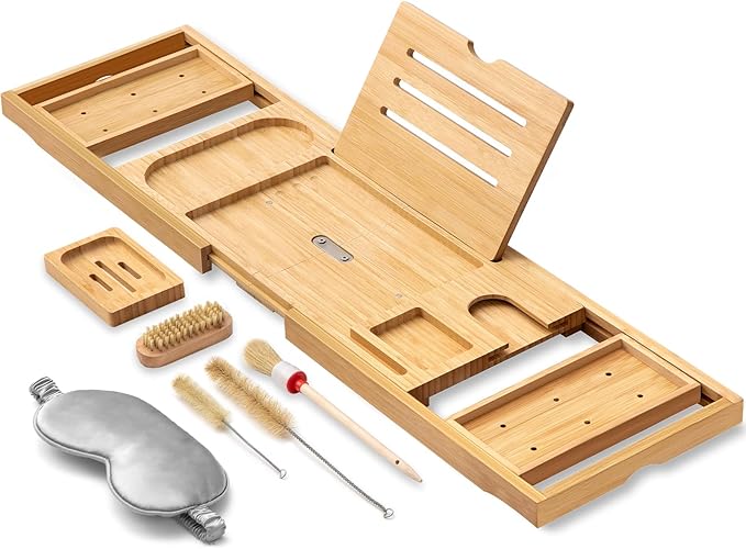 AUTODECO Bathtub Tray, Bamboo Bath Tray for Tub, Expandable Bath Tray with Bamboo Book Stand, Soap Tray, Bathtub & Bathroom Accessories Perfect for Home Spa, Natural Colour