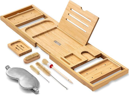 AUTODECO Bathtub Tray, Bamboo Bath Tray for Tub, Expandable Bath Tray with Bamboo Book Stand, Soap Tray, Bathtub & Bathroom Accessories Perfect for Home Spa, Natural Colour