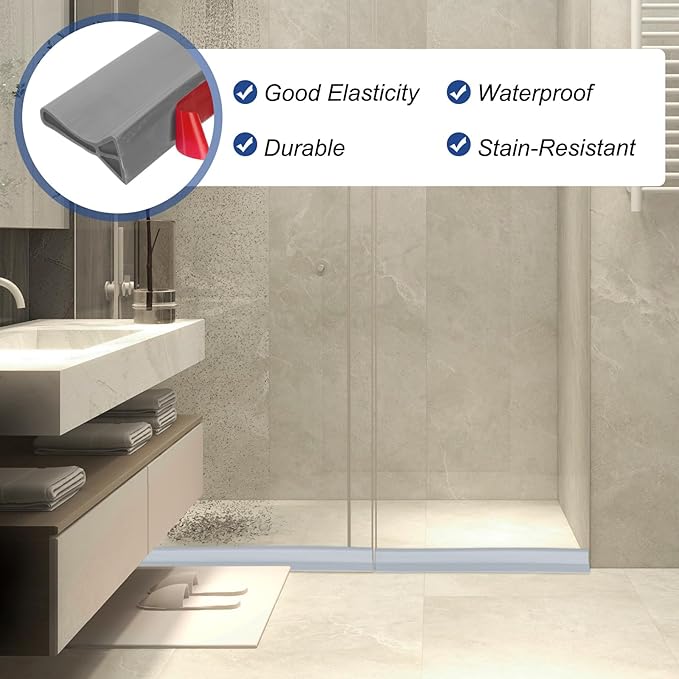PATIKIL 2" Collapsible Shower Threshold Water Barrier, 118 Inch Self Adhesive Shower Door Bottom Seal Silicone Water Splash Guard for Bathroom Kitchen, Gray (9.8 Feet)