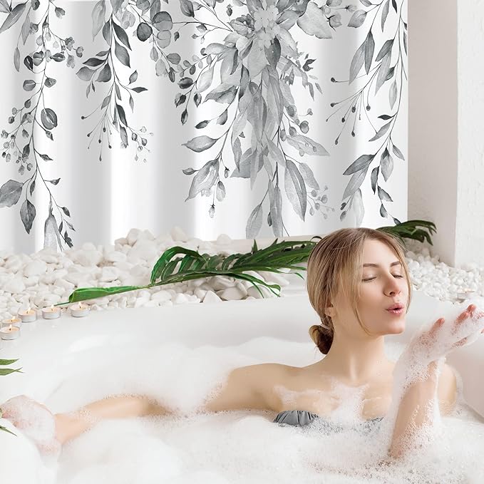 Gibelle Extra Long Shower Curtain 72 x 84, Grey Floral Shower Curtain for Bathroom, Watercolor Plant Eucalyptus Leaves Fabric Shower Curtain Set