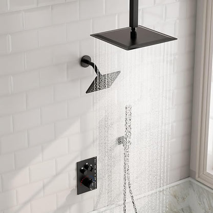 Thermostatic Shower System, Dual Rainfall Shower Heads for Ceilling & Wall Mounted with Handheld Sprayer, Matte Black