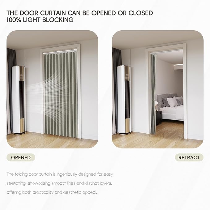 Accordian Door Curtain, 100% Blackout Folding Magnetic Doorway Curtains,Linen Style Closet Doors,for Room Divider,Privacy Protection（W52 x L78,Grey,1 Panel）