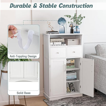 Tangkula Bathroom Cabinet, Floor Standing Storage Organizer w/2 Drawers & 2 Doors, 3-Position Adjustable Shelves, Anti-Toppling Design, Floor Cabinet for Bathroom (White, 2 Drawers & Cabinet)